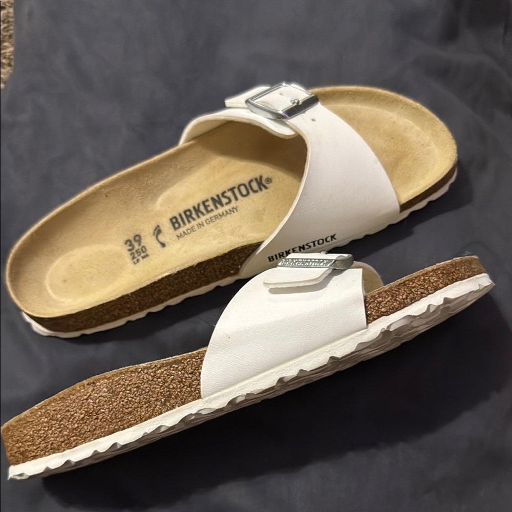 Birkenstock White Slide Sandals with Silver Buckle